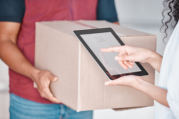 Image showing Delivery, box and woman with a green screen tablet app for advertising, product and digital marketing space. Ecommerce, shipping and courier with a package for a person typing on a device with mockup