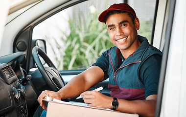 Image showing Logistics, supply chain and delivery with a shipping man in a van with a package and contract for retail. Ecommerce, truck and stock with a male transport worker out for commercial distribution