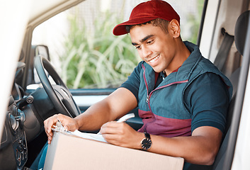 Image showing Delivery man, driver and writing on checklist or box working for courier service with package, shipment or parcel in cargo vehicle. Transportation, logistics and guy ready to deliver ecommerce order