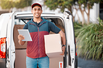 Image showing Portrait, van and delivery man with tablet and box, package or goods parcel. Ecommerce, logistics and courier, carrier or driver from India on digital tech to track boxes, cargo or stock online.