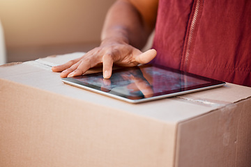 Image showing Delivery man, courier service and tablet to find customer location to deliver ecommerce package in box to customer house. Professional parcel transport, commercial distribution and safe home shipping