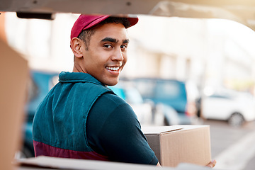 Image showing Logistics, smile and man with box at van looking back, trust and success in courier service for ecommerce business. Supply chain, cargo and stock distribution, delivery driver at truck with package.