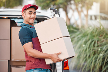 Image showing Delivery man, box and courier service with package, shipment or parcel from van transportation outdoor. Cargo vehicle, logistics and portrait of friendly delivery guy shipping online wholesale order