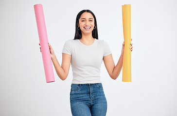 Image showing Design, home improvement and wallpaper with a black woman holding choices or options in studio on a gray background. Creative, planning and renovation with a female homeowner for interior design