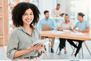 Image showing Corporate, black woman and portrait with tablet for schedule management or admin online in office. Smile of insurance worker girl in company workspace with wireless tech for business planning.