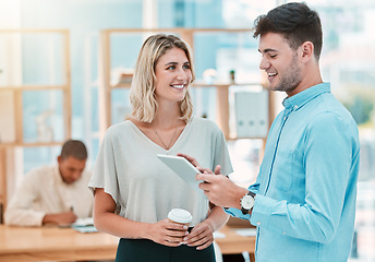 Image showing Corporate, smile and employees talking with a tablet, planning and working on the internet together at work. Happy, young and business workers speaking about a project online with technology