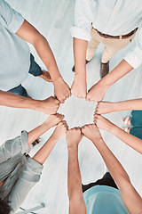 Image showing Teamwork, business people and circle of hands for collaboration, support and motivation for success, mission and vision strategy. Top, synergy and men and women employees at team building for trust