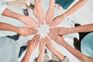 Image showing Hands, collaboration and motivation with a business team standing in a huddle or circle from above. Teamwork, goal and unity with a man and woman employee group together in the office for support