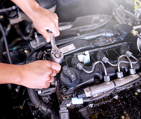 Image showing Car engine, mechanic hands and engineer wrench tools working on automobile performance. Young man motor technician, repair service and maintenance or f1 diesel vehicle machine oil inspection