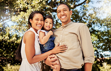 Image showing Black family, smile and child for portrait, together and park while outdoor, trees and happiness in sunshine. Mom, dad and child in nature, happy and bonding as family in summer, love and bond