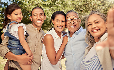 Image showing Selfie, family and children with a girl, parents and grandparents posing for a photograph outdoor during summer. Kids, happy and love with a senior woman taking a picture with her son and daughter