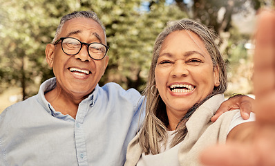 Image showing Selfie, portrait and funny senior couple with smile in park for love, care and adventure together for summer fun. Happy, laughing and healthy man and woman smiling for picture in a nature garden