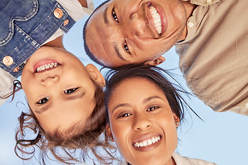 Image showing Family, face and children with a mother, father and girl bonding against a clear blue sky outdoor during summer. Kids, happy and smile with foster parents and adopted daughter in the day closeup