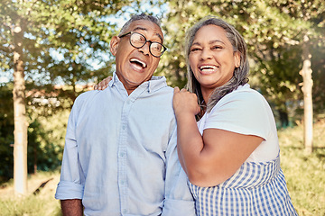 Image showing Love, happy and laugh with a senior couple in a garden outdoor for bonding or fun on vacation. Together, relationship and romantic with an elderly man and woman pensioner outside on a summer date