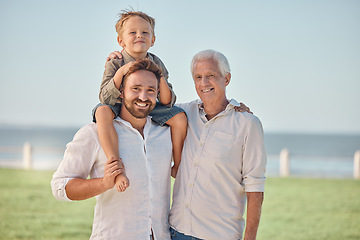 Image showing Grandfather, boy and portrait with father at park carrying kid or piggy back outdoors on vacation, summer holiday or trip. Love, support and happy man, child and grandpa bonding, care and having fun.