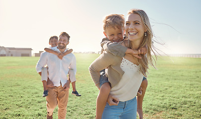 Image showing Family, kids and piggy back at park, nature or outdoors on vacation, holiday or summer trip. Love, support and caring parents, man and woman bonding with boys, carrying and enjoying fun time together