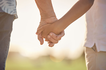 Image showing Love, care and couple holding hands in a park for support, help and hope together during summer. Back of man and woman with kindness, trust and gratitude in their marriage while in a field in nature