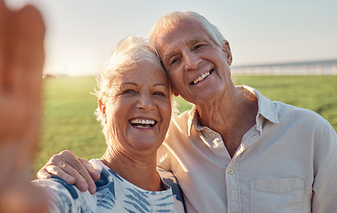 Image showing Selfie, smile and senior couple in nature for a holiday in Argentina during their retirement together. Happy, smile and portrait of an elderly man and woman with a photo on a vacation in a park