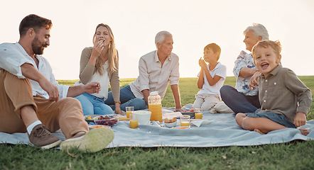 Image showing Love, picnic and family happiness with people smile and relax at a park or field, bonding and having fun. Happy kids enjoy weekend holiday with grandparents and parents, love and food in Germany