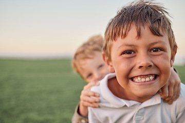 Image showing Friends, brothers and a smile, portrait in a field of happy boys having fun and playing in a park. Freedom, selfie and elementary schools children play and hug outside together on summer holiday.