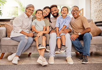 Image showing Big family, children or bonding on sofa in house or home living room with senior grandparents, mother or father. Smile, happy or multi generation family of retirement elderly, men and women with kids