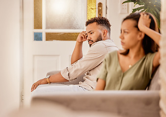 Image showing Stress, anxiety and divorce couple on living room sofa in house, home and marriage counseling after fight, argument or cheating. Sad, frustrated and breakup man or woman with mental health or burnout