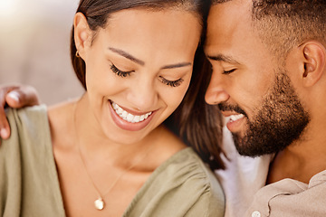 Image showing Face, love and couple with a man and woman bonding during an intimate moment together in their home. Smile, romance and happy with a young male and female spending time together in their house