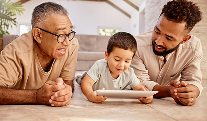 Image showing Family generation, tablet and relax child, father and grandpa play online video game, have fun and enjoy quality time together. Love, floor and black people bond while streaming movie on digital tech