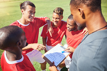 Image showing Soccer, team and coaching with strategy, paper and formation with talking, communication and planning. Men football group, coach and clipboard with game instruction on sport pitch or field together