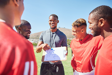 Image showing Happy soccer coaching, planning strategy and group training of competition game ideas, vision and formation. Football academy players, sports manager and paper skills, goals and sketch of pitch field