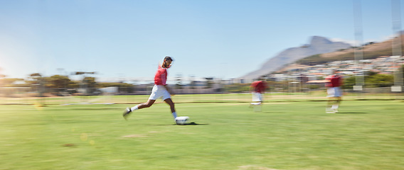 Image showing Running, football and sports with man on field training with team for fitness, games and workout. Freedom, health and goals with soccer player for exercise, energy and action on football field