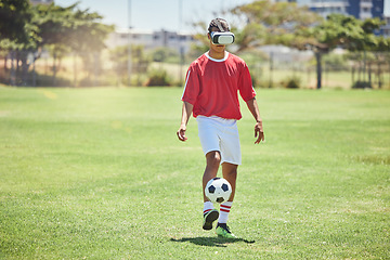 Image showing Soccer player man VR experience, innovation or digital cyber gaming on metaverse football field sports pitch. Fantasy football player, virtual reality and futuristic glasses, ai or high tech training