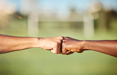 Image showing Fist bump, closeup and diversity meeting, team support and partnership outdoors. Hands of friends greeting with thank you, solidarity motivation or trust in a goal success and strategy achievement