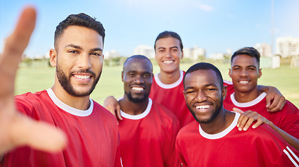 Image showing Soccer team, happy and football player selfie portrait with group diversity men together for motivation, winning and competition game. Exercise, champion mindset and smile photo of guys at training