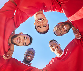 Image showing Team, soccer and men huddle portrait excited for match day with motivation and smile together. Diversity, football and teamwork with happy athlete guys at game competition with low angle.