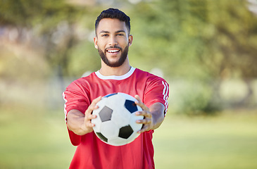 Image showing Soccer player, soccerball and sports man with ball after training exercise for game competition. Happy football athlete, smiling and ready for professional athletic sport peformance for match fitness