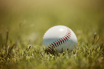 Image showing Baseball, grass pitch and ball, sport and outdoor closeup, baseball field and sports game. Competition, fitness motivation and equipment, outdoor and nature, green with zoom in and training for match