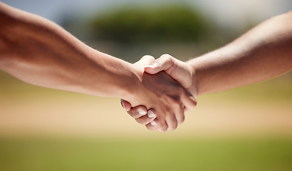 Image showing Teamwork, sports and health with handshake with people playing game for fitness, support and exercise. Workout, collaboration and hands of athlete friends for health, winner and partnership challenge