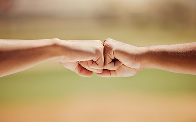 Image showing Success, support and hands giving fist bump for motivation, celebration and teamwork in goal outdoor in nature. Zoom in of people show agreement, growth and connection with community or partnership