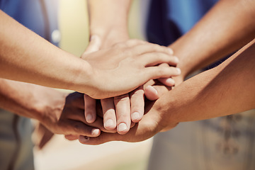 Image showing Closeup, hands and stack for sport, outdoor and baseball with group for teamwork, motivation and together. Softball, circle and hand for sports, fitness and focus in goal, team and planning at game