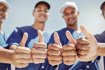 Image showing Baseball player, thumbs up and sports teamwork support, winner success and motivation of goals, trust or celebration. Softball men group, hands and thumb up collaboration of happy friends achievement