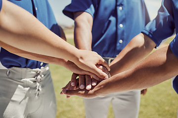 Image showing Hands, team and baseball in support, trust and coordination for unity in sports on a field in the outdoors. Hand of people in teamwork piling together in motivation, collaboration or plan to win game