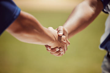 Image showing Closeup, handshake and baseball for game, match or contest with respect in sport on field. Shaking hands, man and baseball player in competition, together or motivation for success, greeting or unity