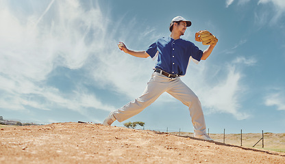 Image showing Sports, baseball and pitching with man on field for training, fitness and playing games competition. Health, wellness and action with baseball player and throwing for practice, athlete and exercise
