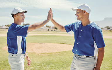 Image showing Baseball, winning and high five for success on field for match game at pitch in Boston, USA. Team, friends and black people celebration on baseball field for sports tournament win together.