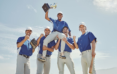 Image showing Baseball team, winner men or trophy success in fitness game, workout match or competition exercise. Portrait, smile or happy baseball players winning award in softball, field sports or stadium event