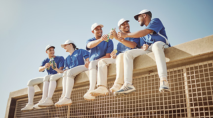Image showing Baseball team, men or game success with beer toast, winner celebration or match goals after exercise game. Smile, happy or fitness softball players, sports people or friends bonding and alcohol drink