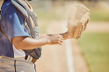 Image showing Baseball, sports and man with a ball and glove during training, professional game and competition on the field. Hands of an athlete ready for sport, fitness and cardio in nature, park or pitch