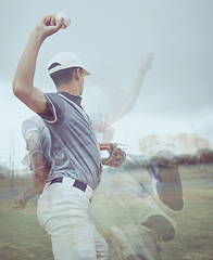 Image showing Man, baseball and double exposure, baseball player and sport, skill and ball, pitch on baseball field for game. Sports club, young athlete and exercise, fitness and professional ability.