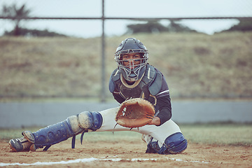 Image showing Baseball, pitcher and portrait of an athlete with a glove on outdoor field for game or training. Fitness, sports and man practicing to catch with equipment for softball match on the pitch at stadium.